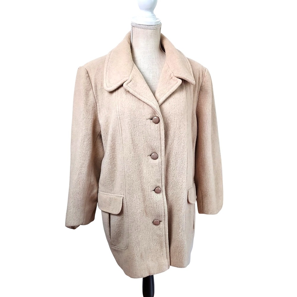 Herman‎ Kay Wool Blend Coat Womens Size 14 Beige Button Front Mid Length